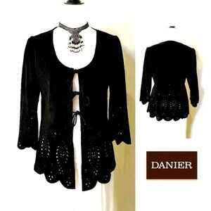 DANIER Black Suede Leather Jacket Cardigan Cut-out Lace Bell Sleeves Tie Front